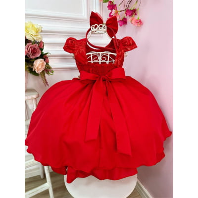 Vestido Infantil Vermelho C/ Renda Tiara e Cinto de Pérolas