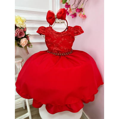 Vestido Infantil Vermelho C/ Renda Tiara e Cinto de Pérolas