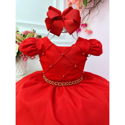 Vestido Infantil Vermelho Cinto de Pérolas Casamento Luxo