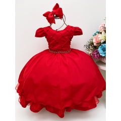 Vestido Infantil Vermelho Cinto de Pérolas Casamento Luxo