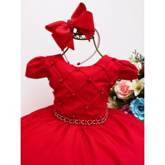 Vestido Infantil Vermelho Cinto de Pérolas Casamento Luxo