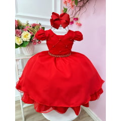 Vestido Infantil Vermelho Cinto de Pérolas Casamento Luxo