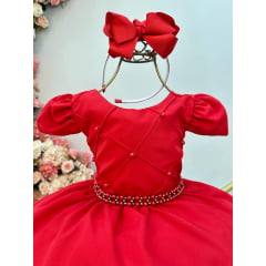 Vestido Infantil Vermelho Cinto de Pérolas Casamento Luxo