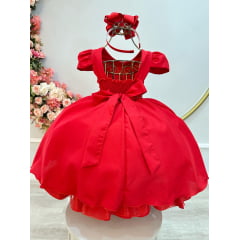 Vestido Infantil Vermelho Cinto de Pérolas Casamento Luxo