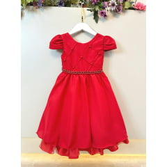 Vestido Infantil Vermelho Cinto de Pérolas Casamento Luxo
