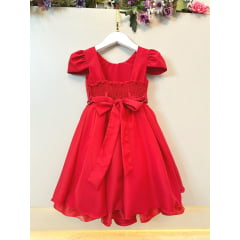 Vestido Infantil Vermelho Cinto de Pérolas Casamento Luxo