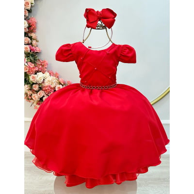 Vestido Infantil Vermelho Cinto de Pérolas Casamento Luxo