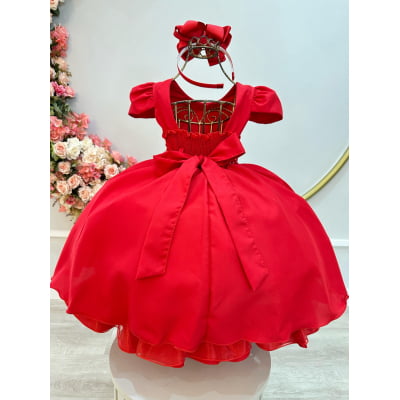Vestido Infantil Vermelho Cinto de Pérolas Casamento Luxo