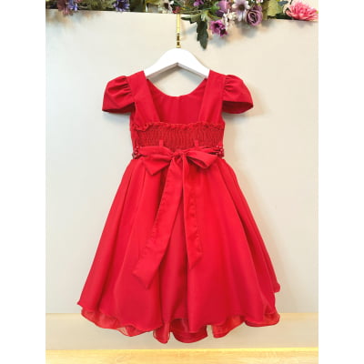 Vestido Infantil Vermelho Cinto de Pérolas Casamento Luxo