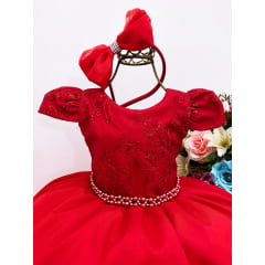 Vestido Infantil Vermelho Renda Cinto Pérolas C/Tiara