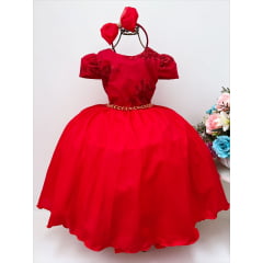 Vestido Infantil Vermelho Renda Cinto Pérolas C/ Tiara