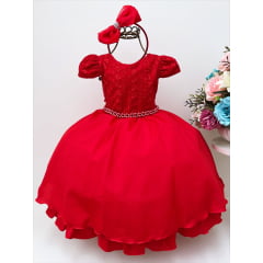 Vestido Infantil Vermelho Renda Damas Cinto Pérolas C/ Tiara