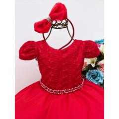 Vestido Infantil Vermelho Renda Damas Cinto Pérolas C/ Tiara
