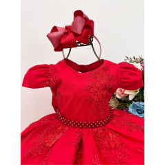 Vestido Infantil Vermelho Renda Realeza Luxo Cinto Pérolas
