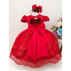 Vestido Infantil Vermelho Renda Realeza Luxo Cinto Pérolas