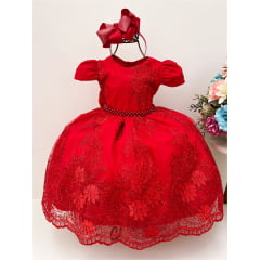 Vestido Infantil Vermelho Renda Realeza Luxo Cinto Pérolas