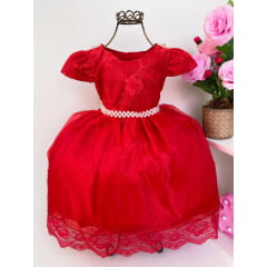 Vestido Infantil Vermelho Rendado Cinto Pérolas Babado Renda