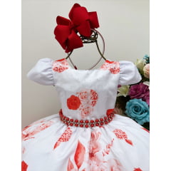 Vestido Vermelho e Branco Flor Rosas e Cinto Pérolas