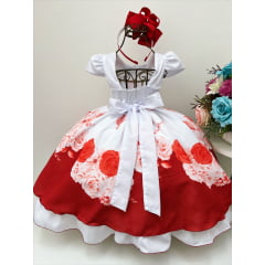 Vestido Vermelho e Branco Flor Rosas e Cinto Pérolas