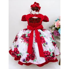 Vestido Vermelho Marsala Aplique Flor Rosas e Cinto Pérolas