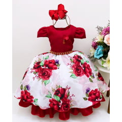 Vestido Vermelho Marsala Aplique Flor Rosas e Cinto Pérolas