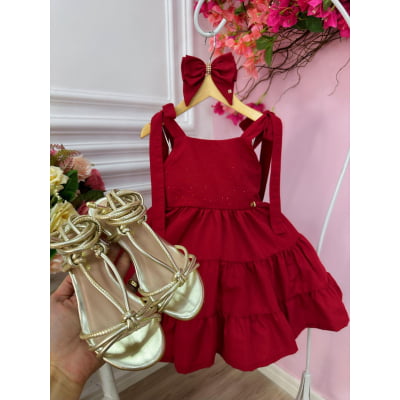 Vestido infantil Vermelho Escuro Strass no Busto e Laço Damas