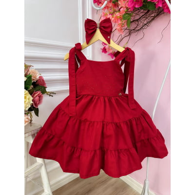 Vestido infantil Vermelho Escuro Strass no Busto e Laço Damas