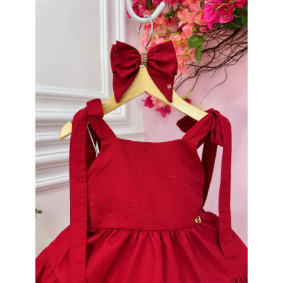 Vestido infantil Vermelho Escuro Strass no Busto e Laço Damas