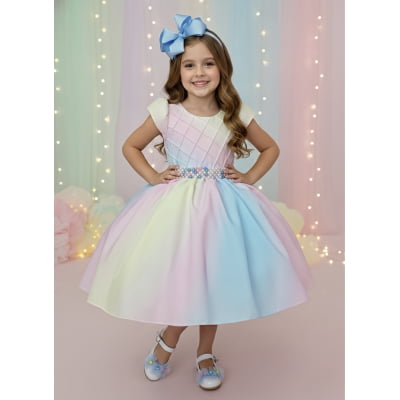 Vestido Infantil Chuva de Amor Colorido Circo Cinto Pérolas