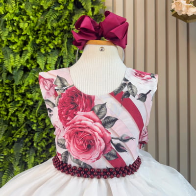 Vestido Infantil Floral Off Cinto Pérolas Festas Daminhas