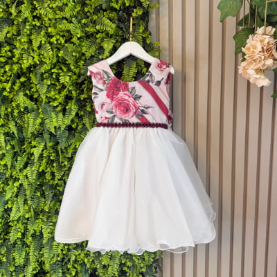 Vestido Infantil Floral Off Cinto Pérolas Festas Daminhas