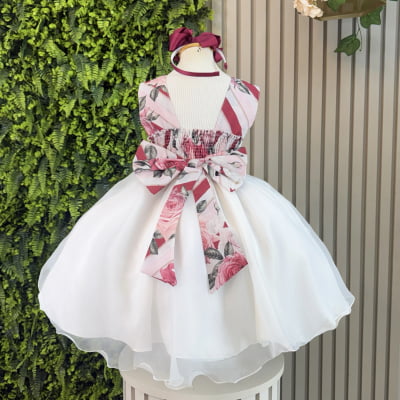 Vestido Infantil Floral Off Cinto Pérolas Festas Daminhas