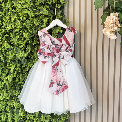 Vestido Infantil Floral Off Cinto Pérolas Festas Daminhas