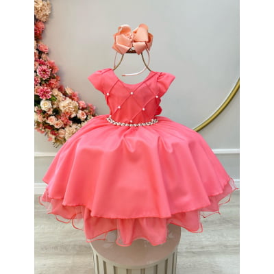Vestido Infantil Goiaba C/ Busto Nervura e Pérolas Festas