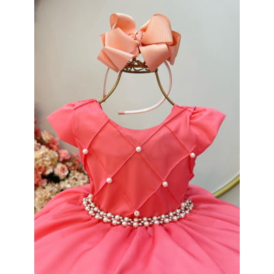 Vestido Infantil Goiaba C/ Busto Nervura e Pérolas Festas