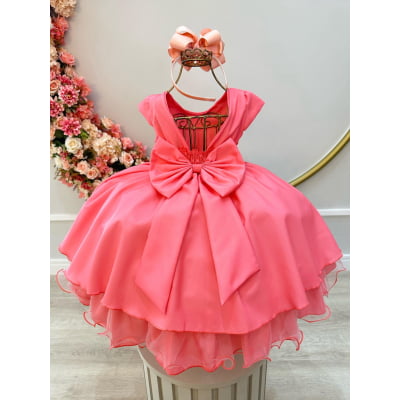 Vestido Infantil Goiaba C/ Busto Nervura e Pérolas Festas
