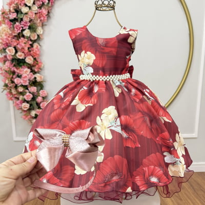 Vestido Infantil Marsala Florido Cinto de Pérolas Festas