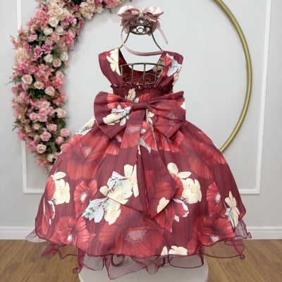 Vestido Infantil Marsala + Tiara Glitter