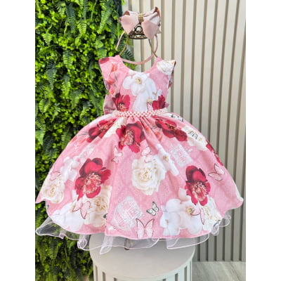 Vestido Infantil Rose Jardim das Borboletas e Pérolas Luxo