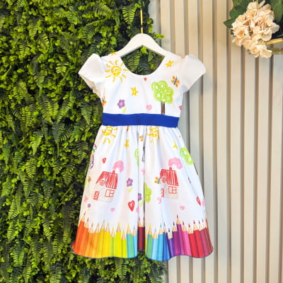 Vestido Infantil Aquarela Branco C/ Manga Festas e Formaturas