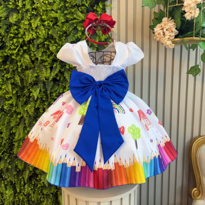 Vestido Infantil Aquarela Branco C/ Manga Festas e Formaturas