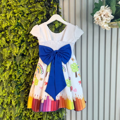 Vestido Infantil Aquarela Branco C/ Manga Festas e Formaturas