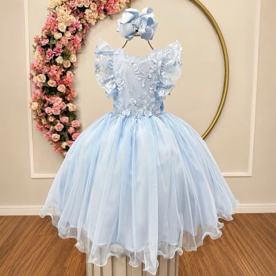 Vestido Infantil Azul Bebe C/ Bordado, Borboletas e flores Dama Festas Luxo Vestido Infantil Azul Bebe C/ Bordado, Borboletas e flores Dama Festas Luxo