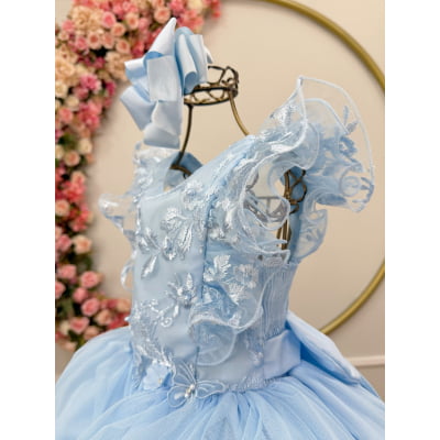 Vestido Infantil Azul Bebe C/ Bordado, Borboletas e flores Dama Festas Luxo