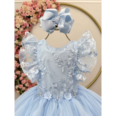 Vestido Infantil Azul Bebe C/ Bordado, Borboletas e flores Dama Festas Luxo