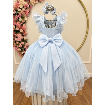 Vestido Infantil Azul Bebe C/ Bordado, Borboletas e flores Dama Festas Luxo