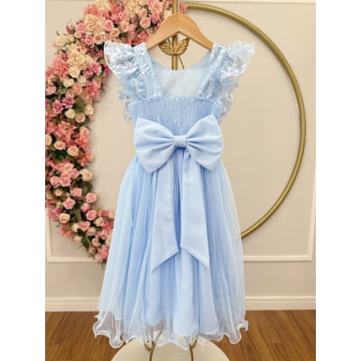 Vestido Infantil Azul Bebe C/ Bordado, Borboletas e flores Dama Festas Luxo