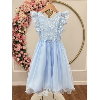 Vestido Infantil Azul Bebe C/ Bordado, Borboletas e flores Dama Festas Luxo