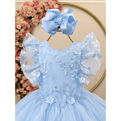 Vestido Infantil Azul Bebe C/ Bordado, Borboletas e flores Dama Festas Luxo