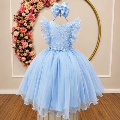 Vestido Infantil Azul Bebe C/ Bordado,  Borboletas e flores Dama Festas Luxo